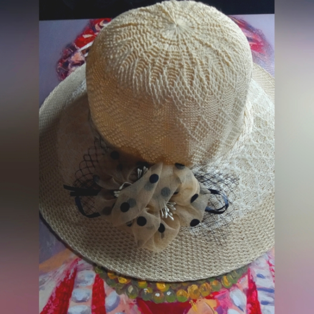 Elegant Cream Wide-Brim Hat with Polka Dot Bow